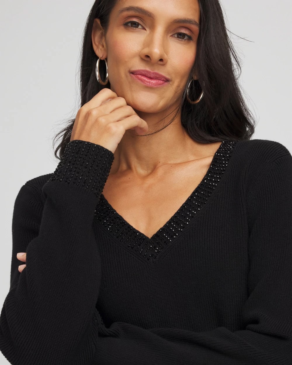 Embellished V-Neck Pullover Sweater