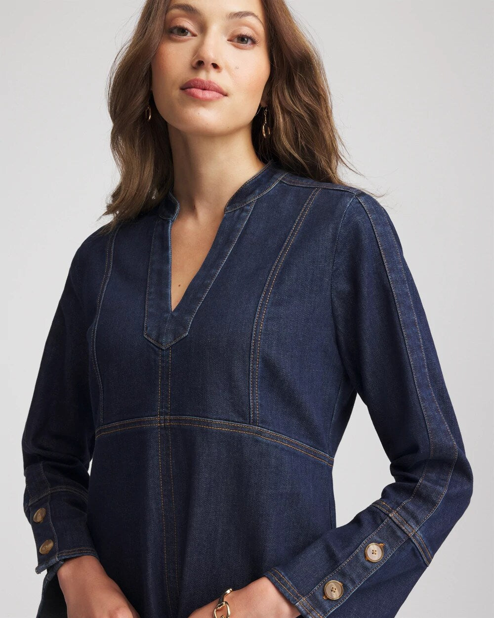Denim Splitneck Knee-Length Dress