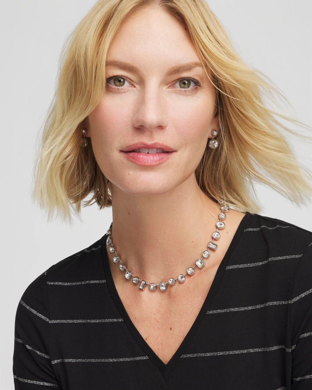 Bezel Set Short Silvertone Necklace