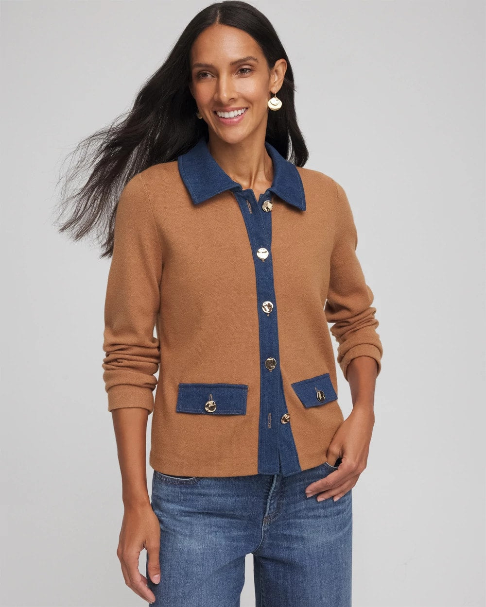 Collared Denim Trim Cardigan