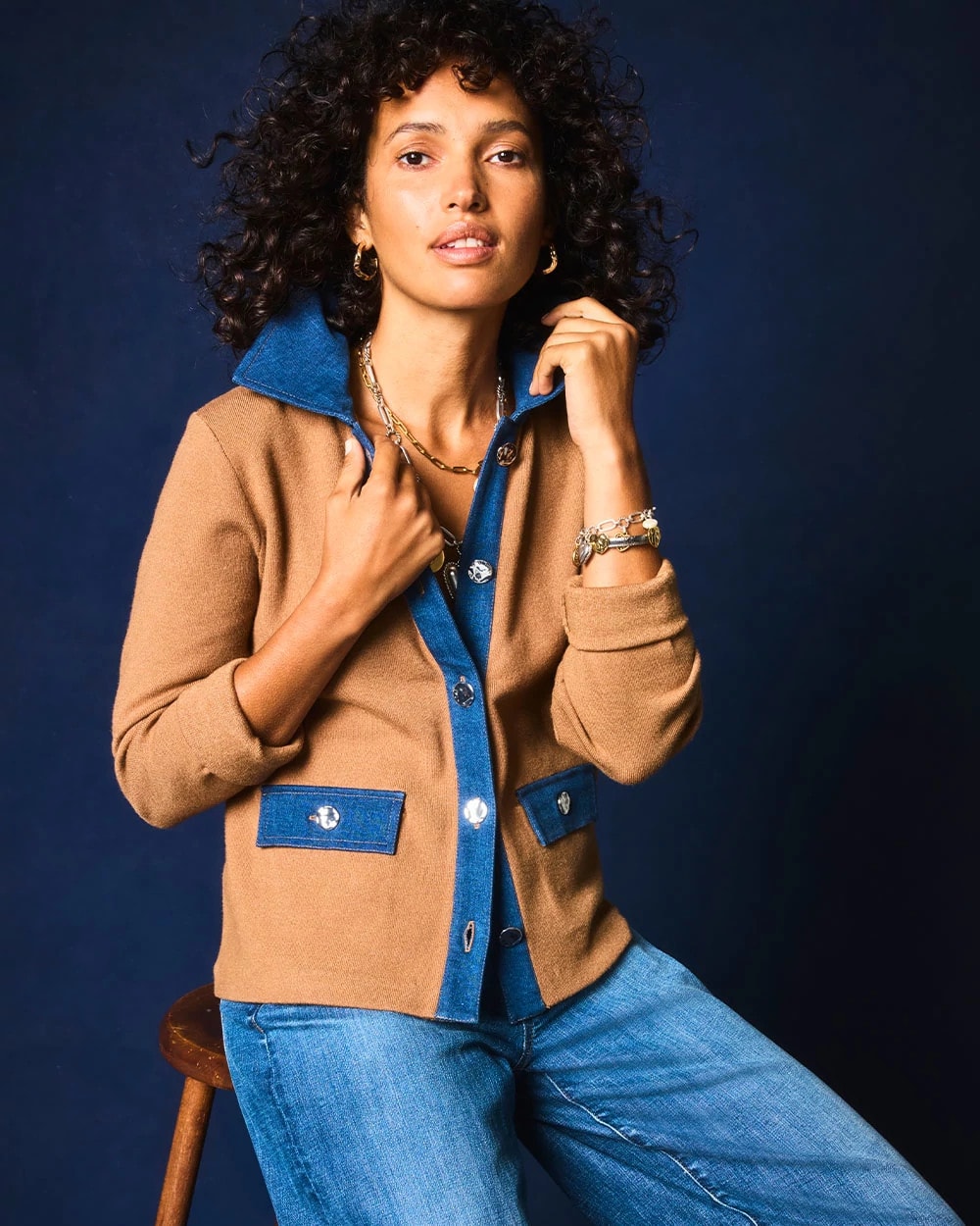Collared Denim Trim Cardigan