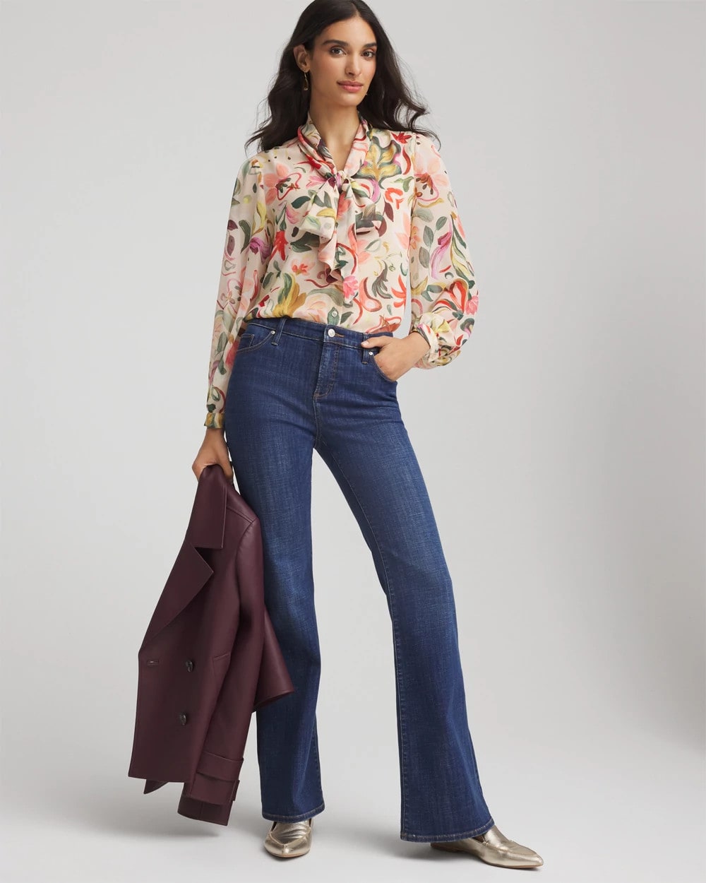 Floral Jacquard Tie-Front Blouse