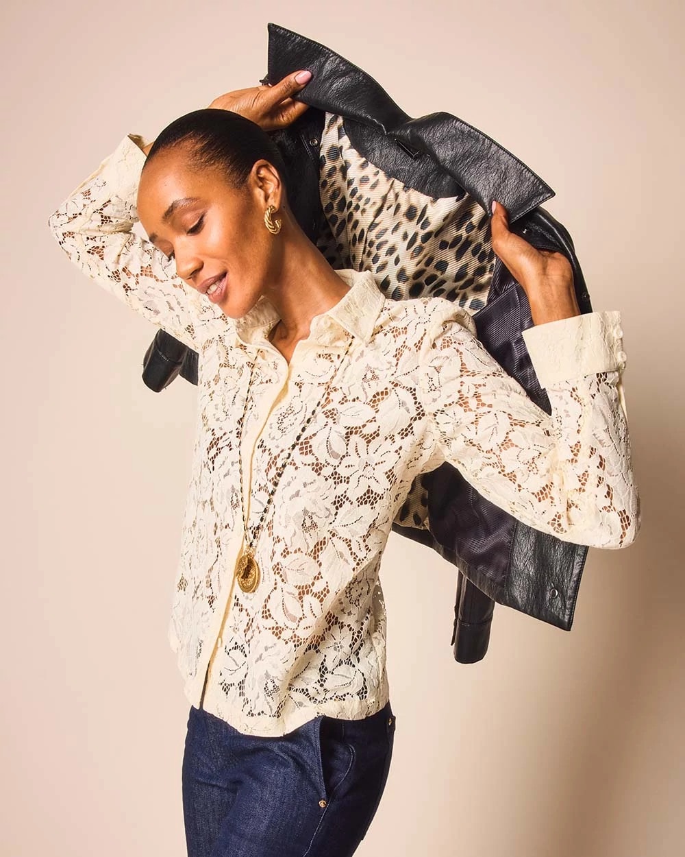 Classic-Fit Collared Lace Shirt
