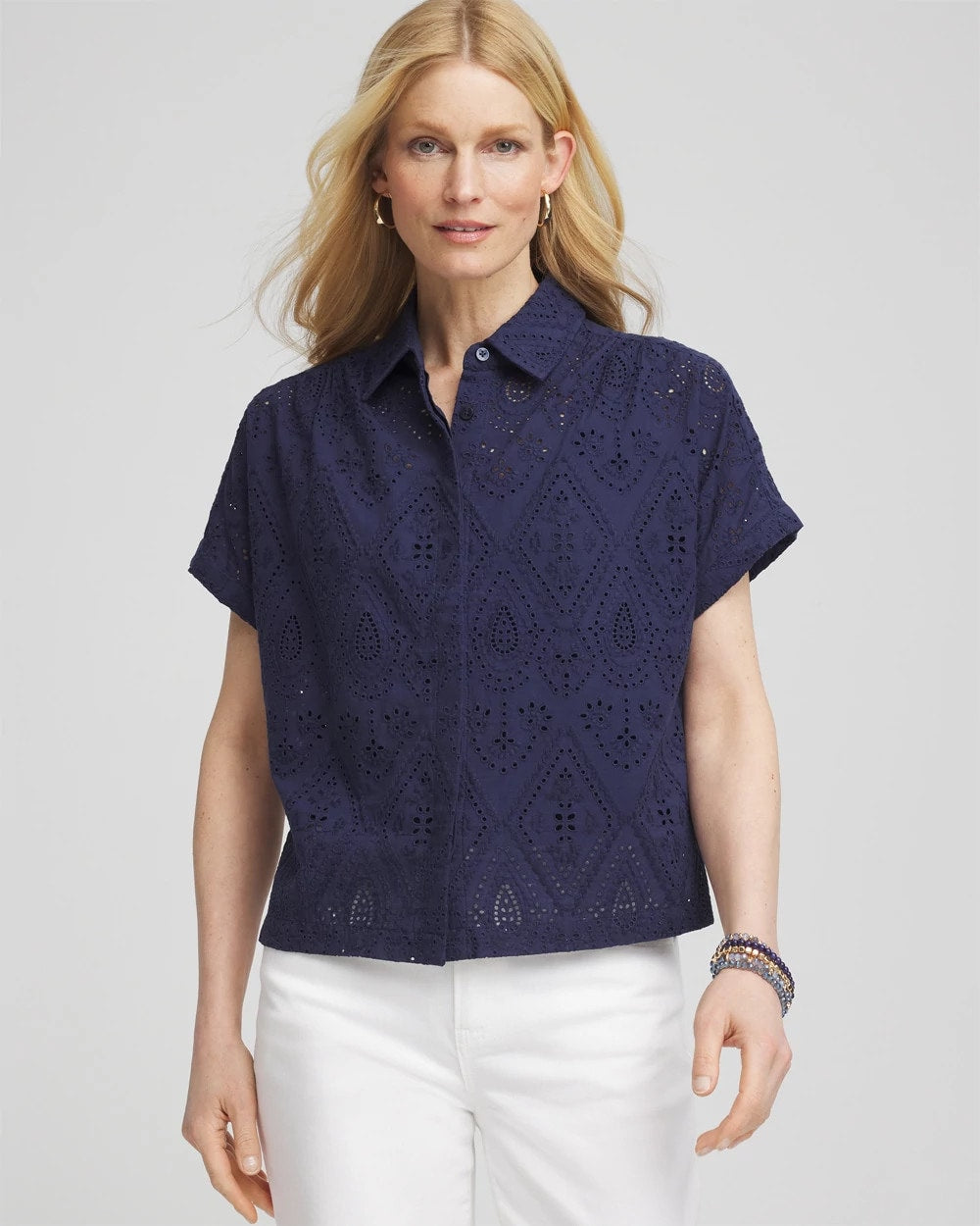 Embroidered Eyelet Button-down Top