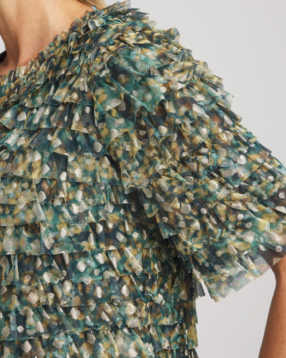 Foiled Mesh Ruffle Crop Tee