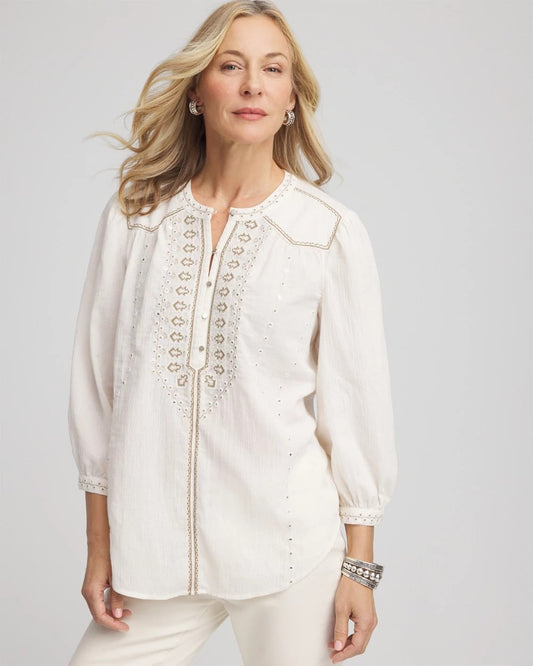 Embroidered Crinkle-Cotton Blouse