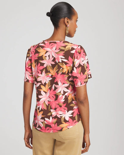 Floral Petal-Sleeve Voop Neck Tee