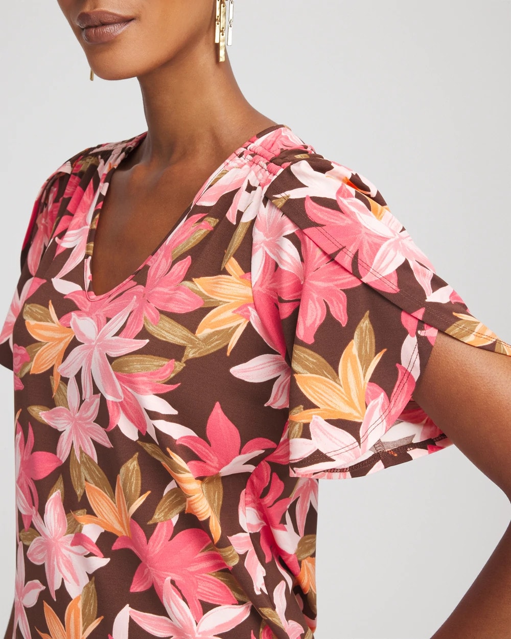 Floral Petal-Sleeve Voop Neck Tee
