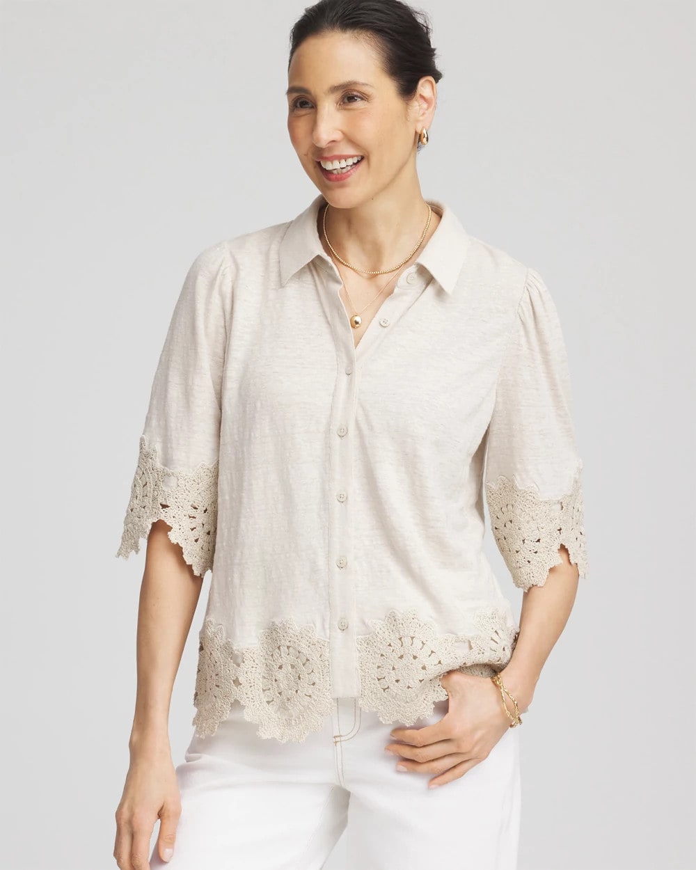 Crochet Trim Linen Shirt