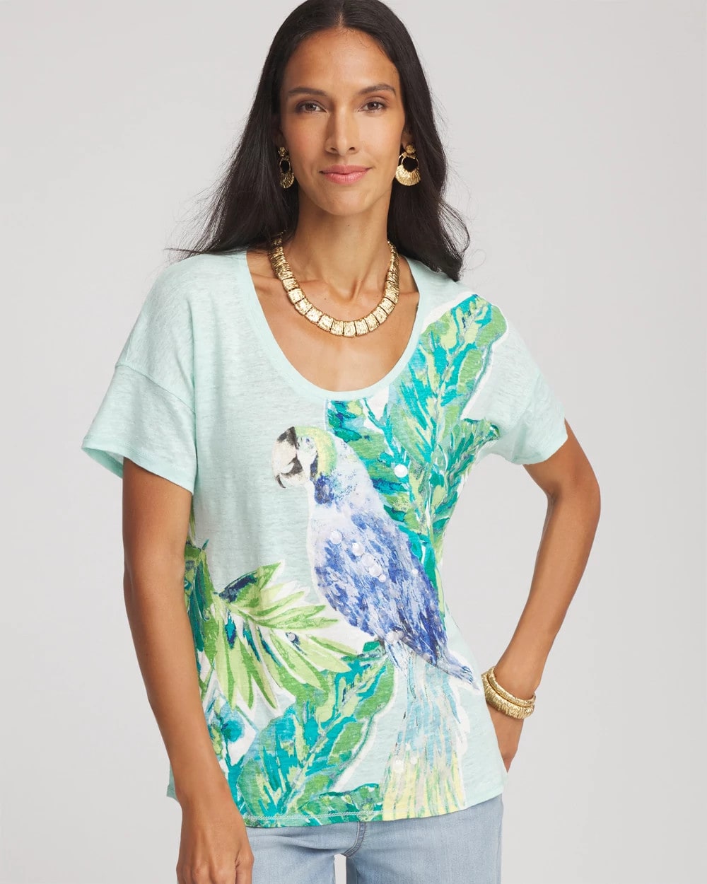 Linen Embellished Parrot Easy Tee