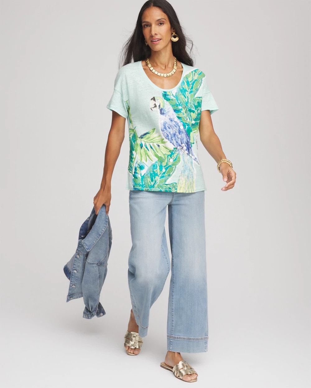 Linen Embellished Parrot Easy Tee