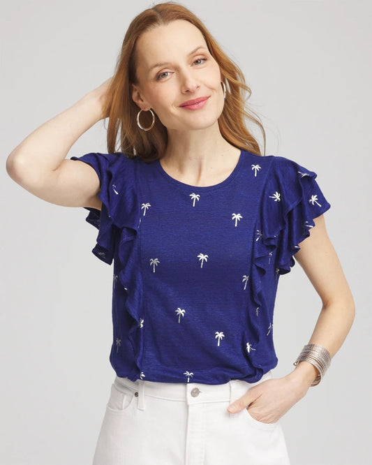 Foiled Flutter-Sleeve Linen Tee