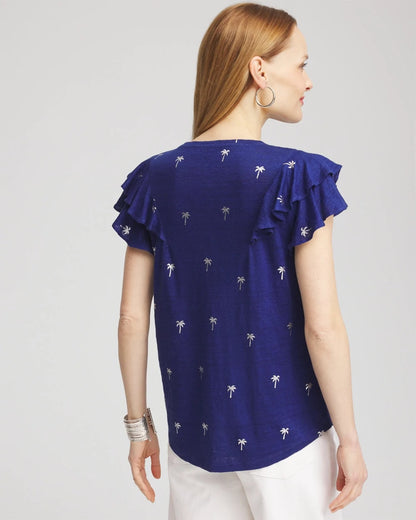 Foiled Flutter-Sleeve Linen Tee