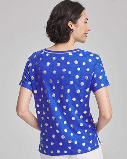 Foiled Polka-Dot Sweater-Trim Linen Tee
