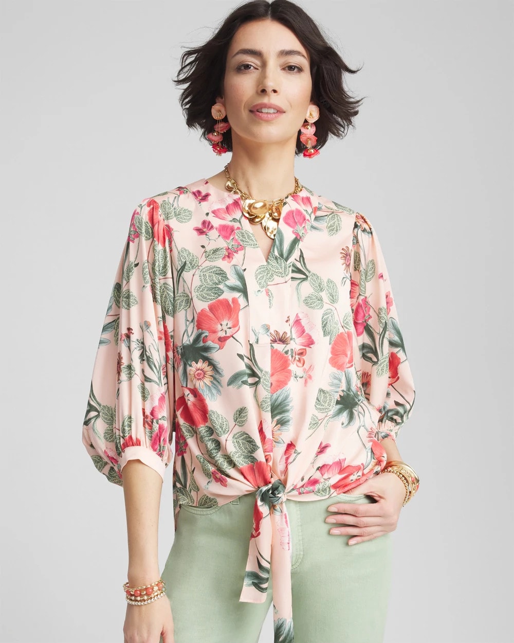 Floral Satin Tie-Front Pullover Top