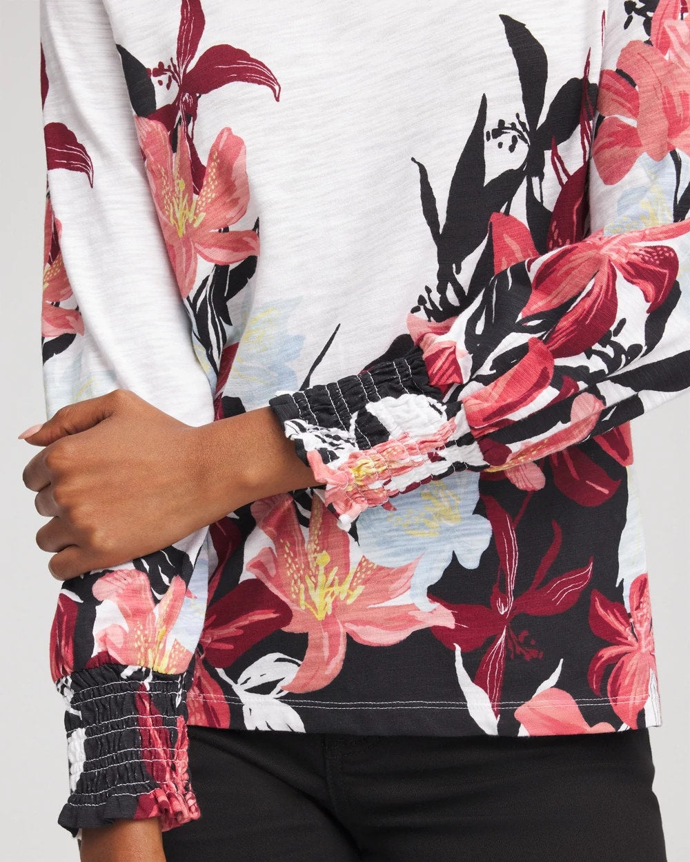 Floral-Motif Smocked Cotton-Slub Tee
