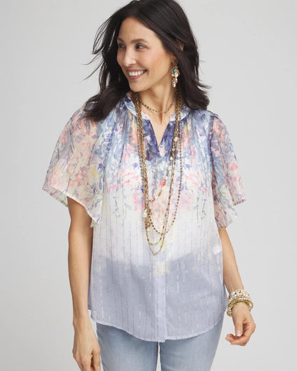 Jacquard Flutter-Sleeve Blouse