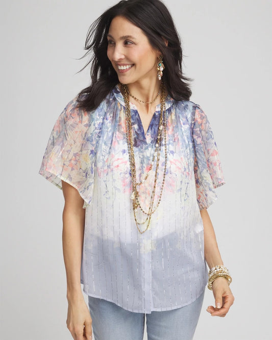Jacquard Flutter-Sleeve Blouse