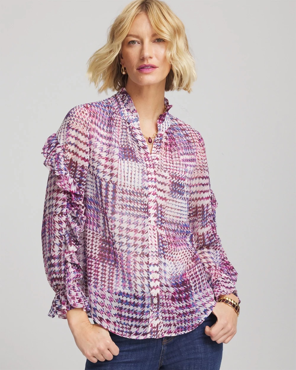 Gingham-Print Georgette Blouse
