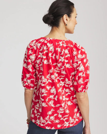 Floral Embroidered Cotton Peasant Blouse