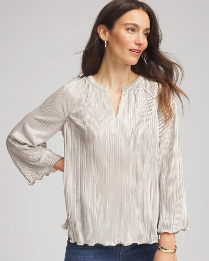 Foiled Pleated V-Neck Tee