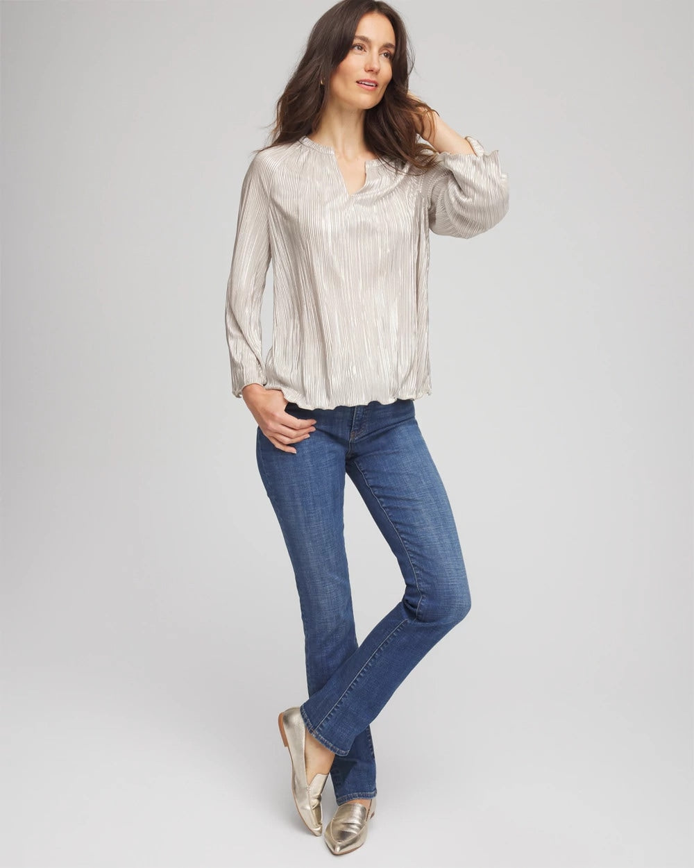 Foiled Pleated V-Neck Tee