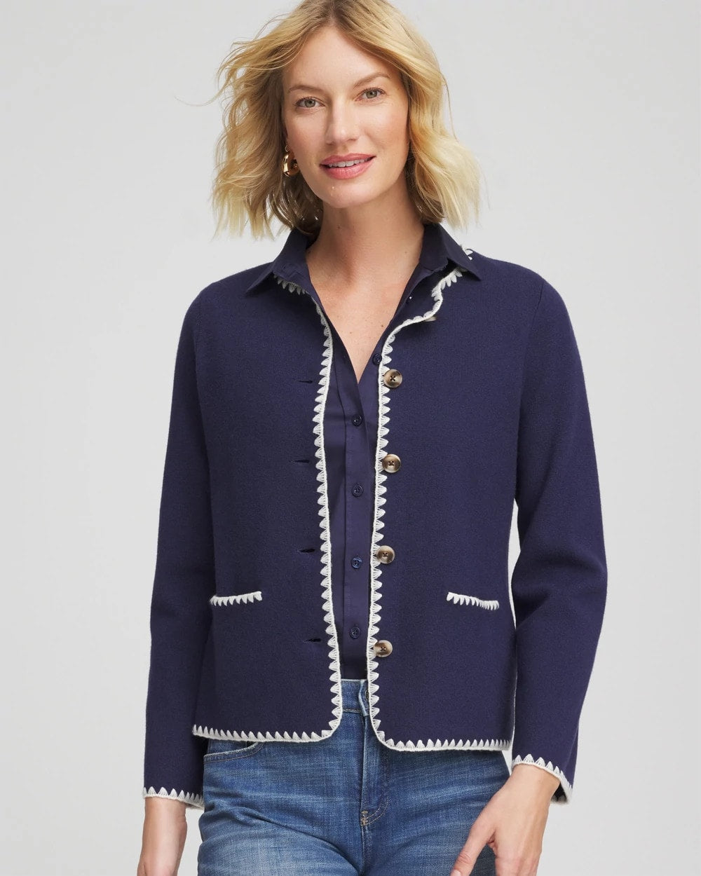 Blanket Stitch Crewneck Cardigan