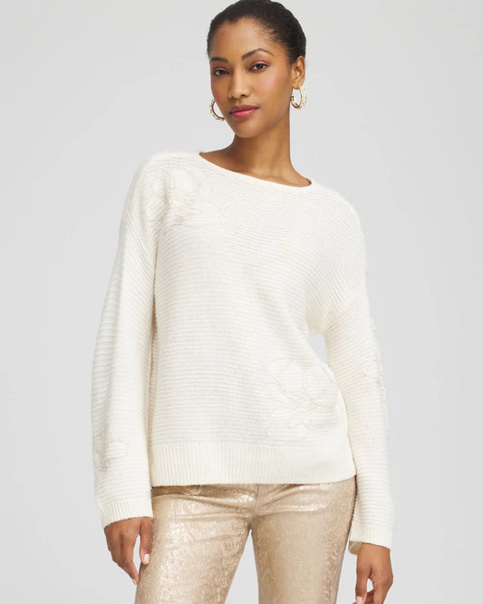 Tonal Embroidered Boatneck Pullover Sweater