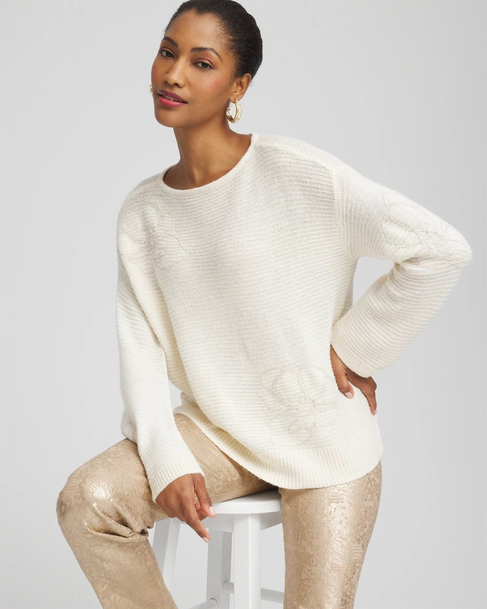 Tonal Embroidered Boatneck Pullover Sweater