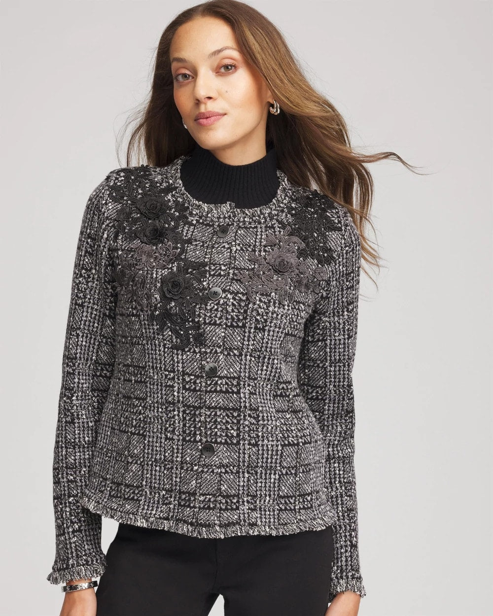 Embroidered Metallic Tweed Cardigan