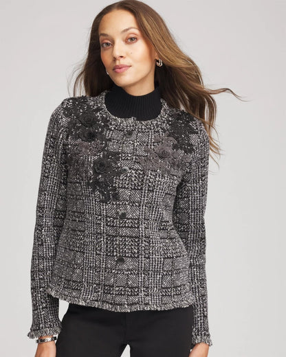 Embroidered Metallic Tweed Cardigan