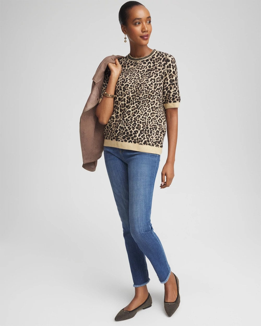 Embellished Crewneck Animal-Print Sweater
