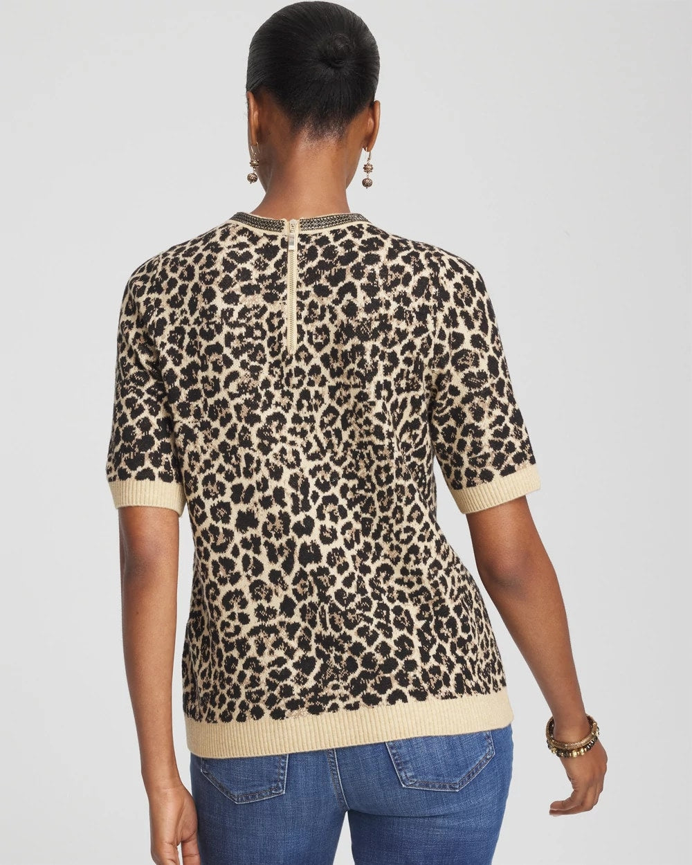 Embellished Crewneck Animal-Print Sweater