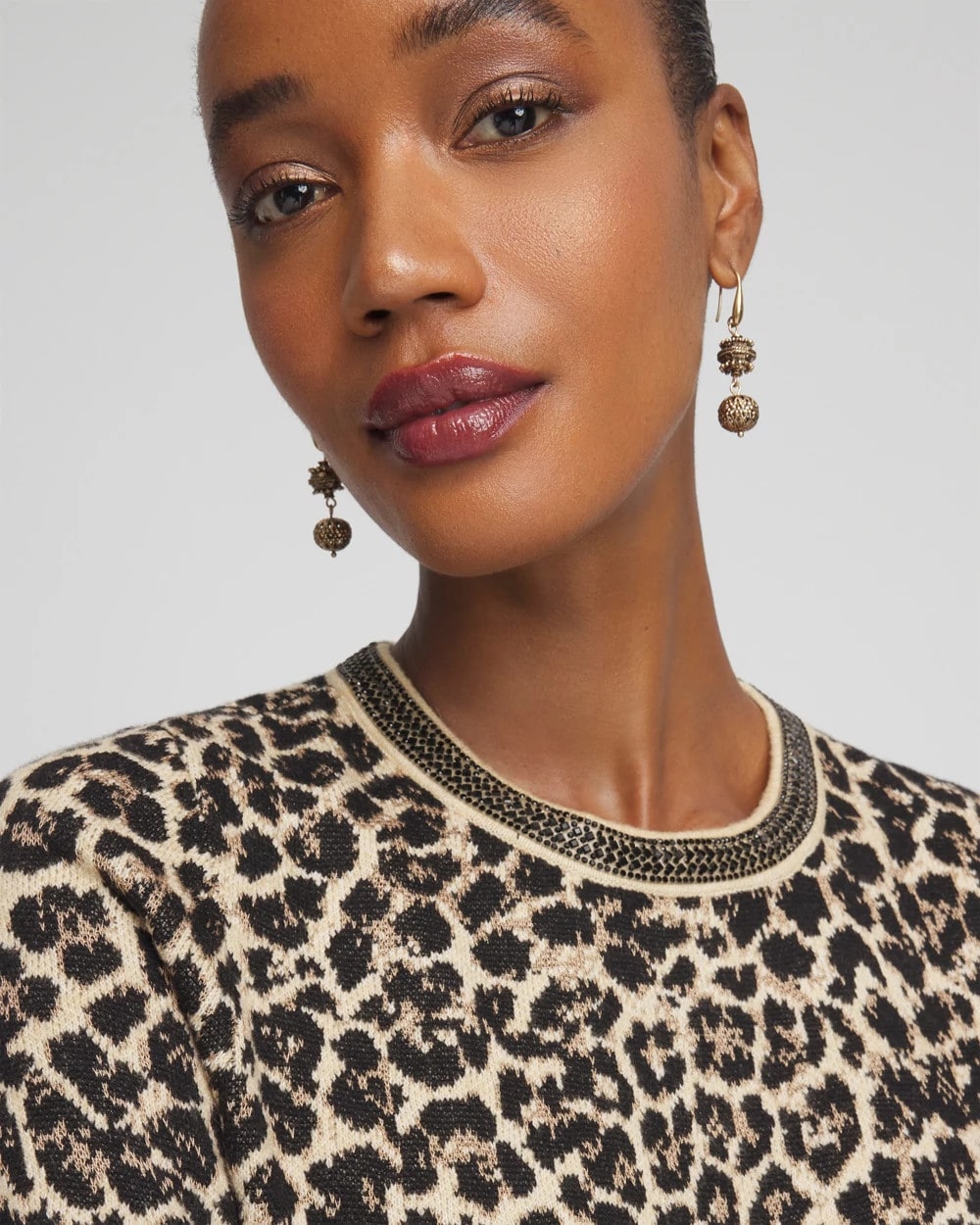Embellished Crewneck Animal-Print Sweater
