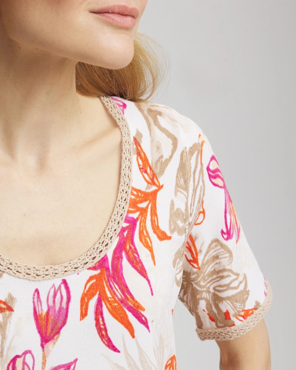 Floral Print Crochet-Trim Pullover Sweater