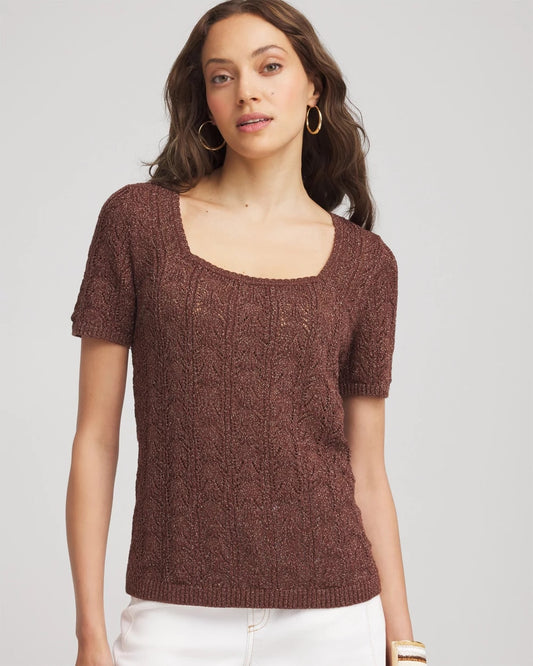 Pointelle Square-Neck Pullover Sweater