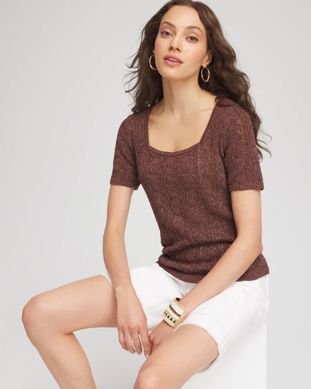 Pointelle Square-Neck Pullover Sweater