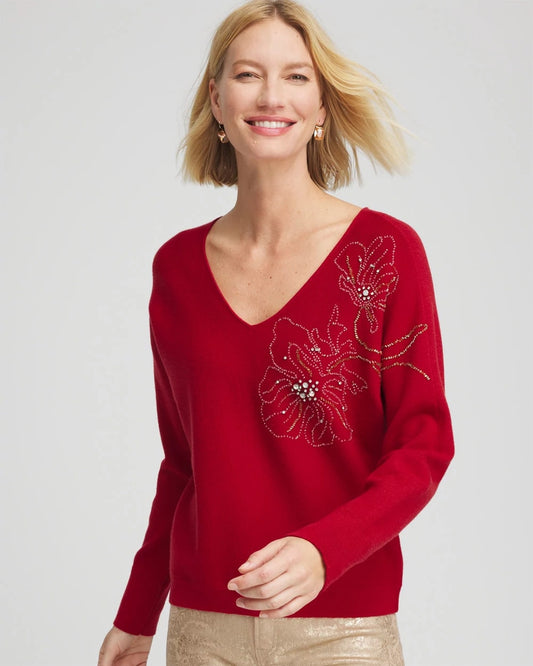 Floral Embellished Dolman V-Neck Pullover