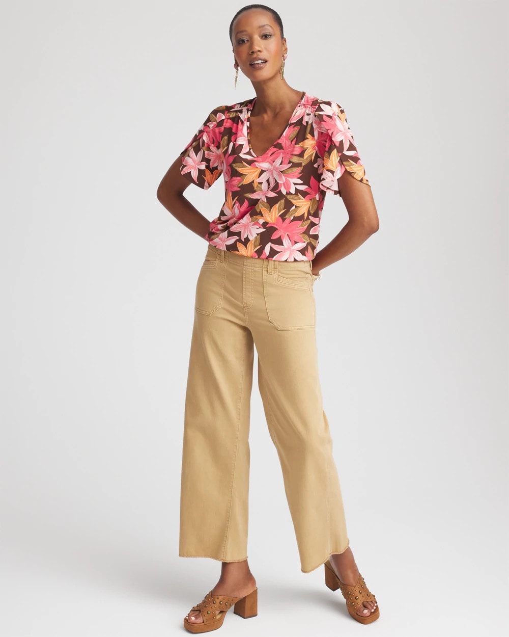 Floral Petal-Sleeve Voop Neck Tee