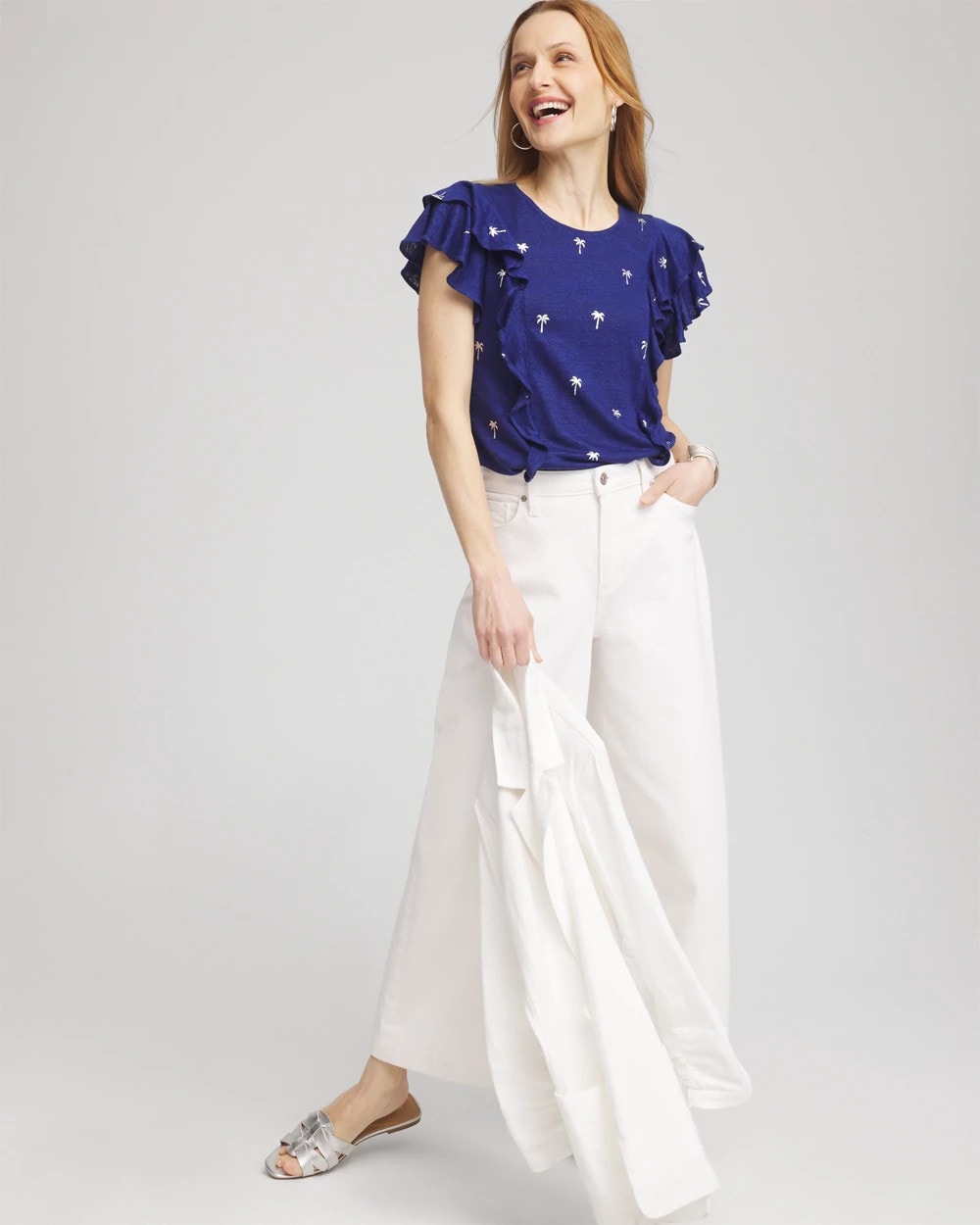 Foiled Flutter-Sleeve Linen Tee