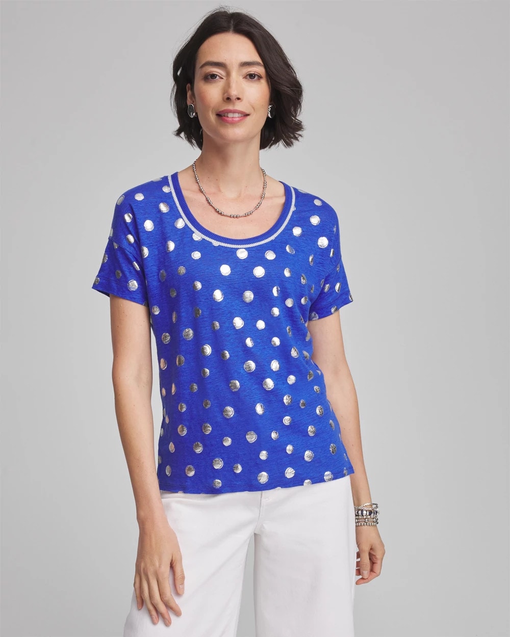 Foiled Polka-Dot Sweater-Trim Linen Tee