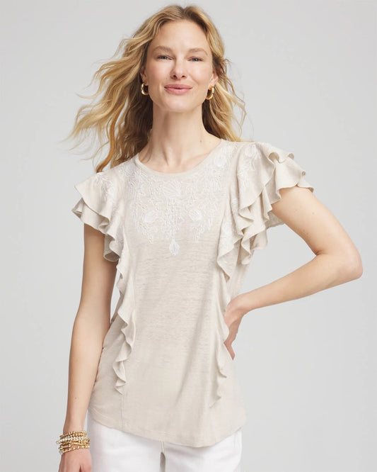Embroidered Flutter-Sleeve Tee