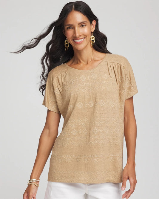 Geo Embroidered Linen Tee