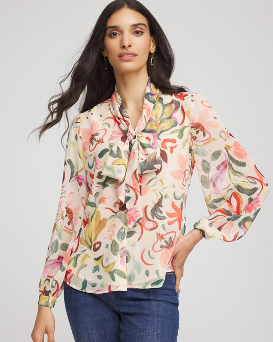 Floral Jacquard Tie-Front Blouse