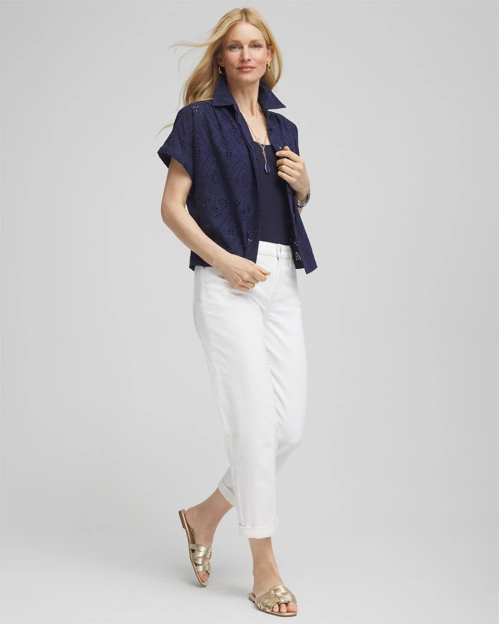 Embroidered Eyelet Button-down Top