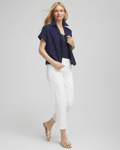 Embroidered Eyelet Button-down Top
