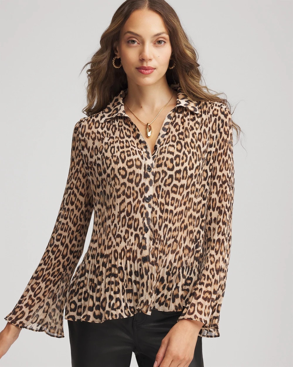 Animal-Print Pleated Georgette Blouse