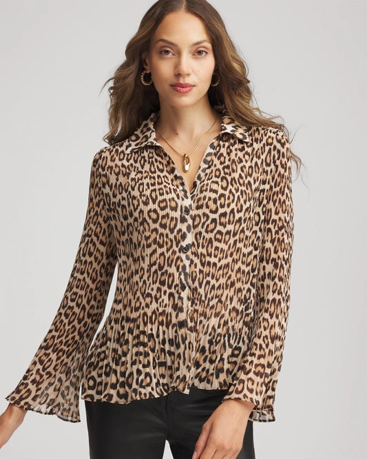 Animal-Print Pleated Georgette Blouse