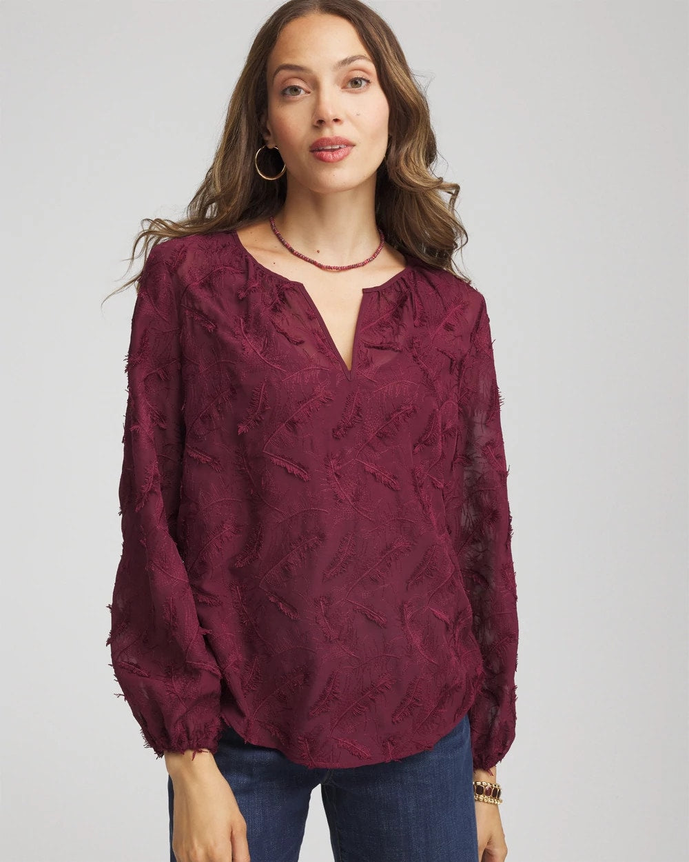Feathered Pullover Peasant Blouse