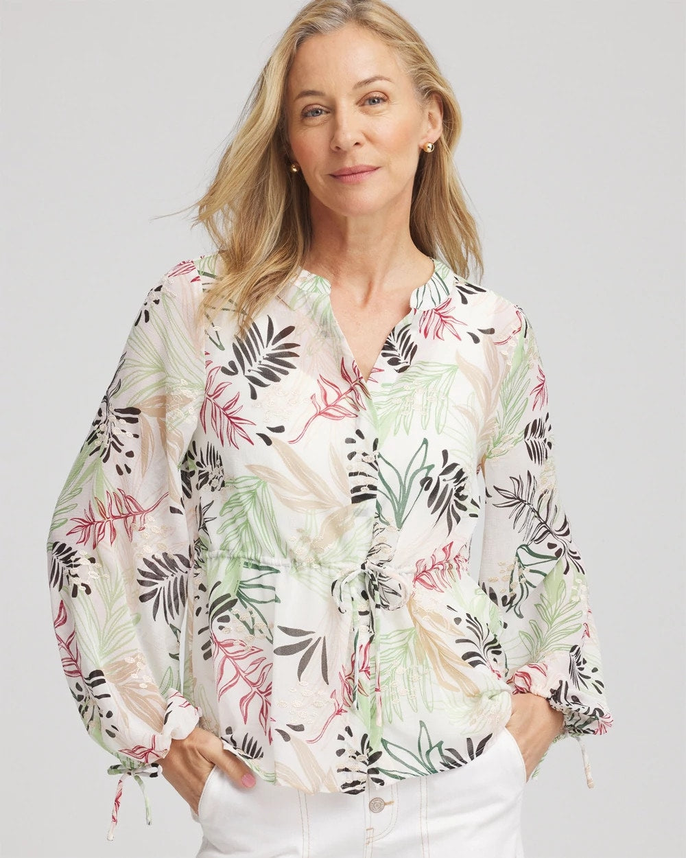 Drawstring Crinkle Chiffon Blouse